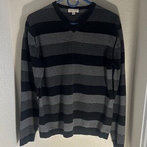 Classic V-Neck Sweater in Black and Gray Stripes